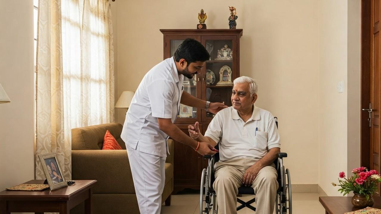 Indian nurse assisting a senior patient with a wheelchair at home