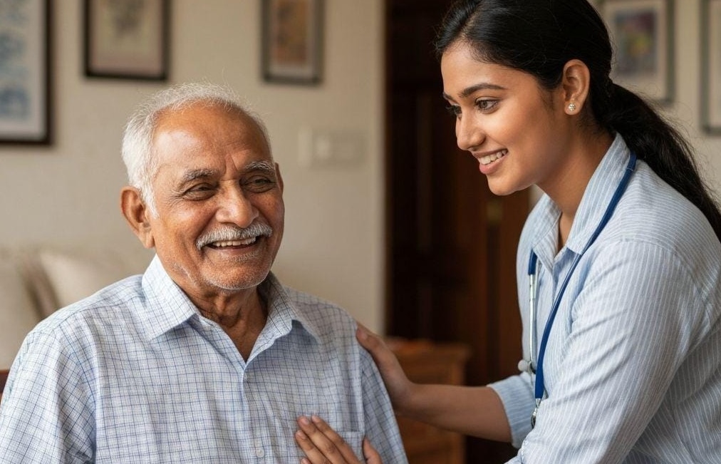 Indian home nurse caring for an elderly patient